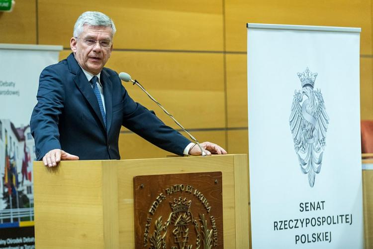 Marszałek Senatu Stanisław Karczewski podczas inauguracji XXI Forum Polonijnego w Wyższej Szkole Kultury Społecznej i Medialnej w Toruniu. 27.04.2018. Fot. PAP/T. Żmijewski