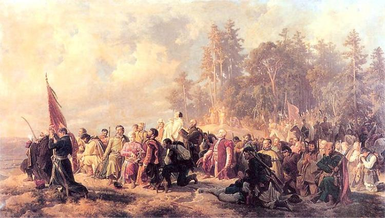 Modlitwa konfederatów barskich przed bitwą pod Lanckoroną - obraz Artura Grottgera. Źródło: Wikimedia Commons