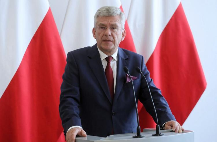 Marszałek Senatu Stanisław Karczewski podczas konferencji prasowej w Senacie. Fot. PAP/P. Supernak