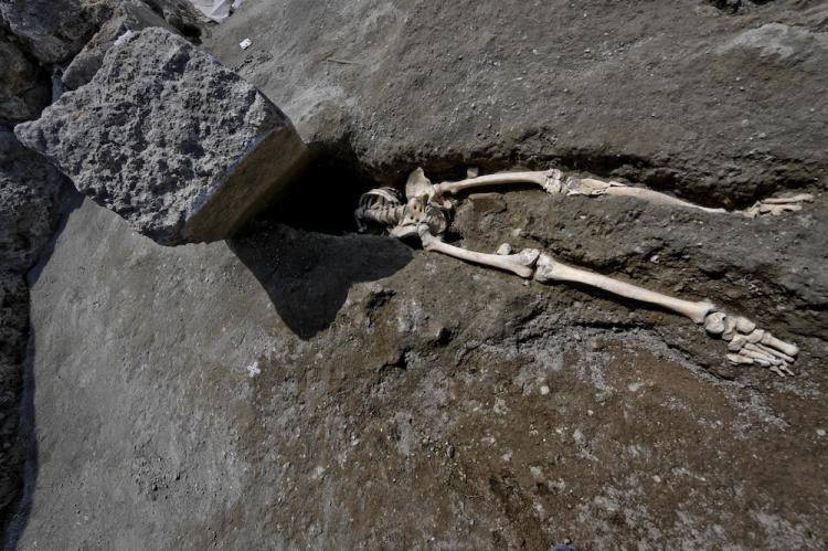 Szkielet mężczyzny, który zginął w czasie ucieczki po wybuchu Wezuwiusza w 79 roku. Fot. PAP/EPA