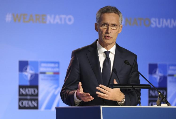 Sekretarz generalny NATO Jens Stoltenberg podczas konferencji prasowej szczytu Sojuszu Północnoatlantyckiego w Brukseli, 11.07.2018. Fot. PAP/EPA/T. Zenkovich 