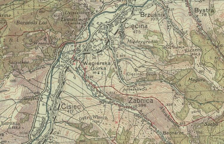 Węgierska Górka na mapie Wojskowego Instytutu Geograficznego z 1938 r. Źródło: CBN Polona
