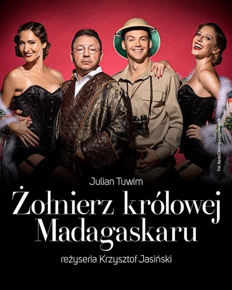 Plakat spektaklu „Żołnierz królowej Madagaskaru”, reż. Krzysztof Jasiński. Źródło: Teatr Polski w Warszawie