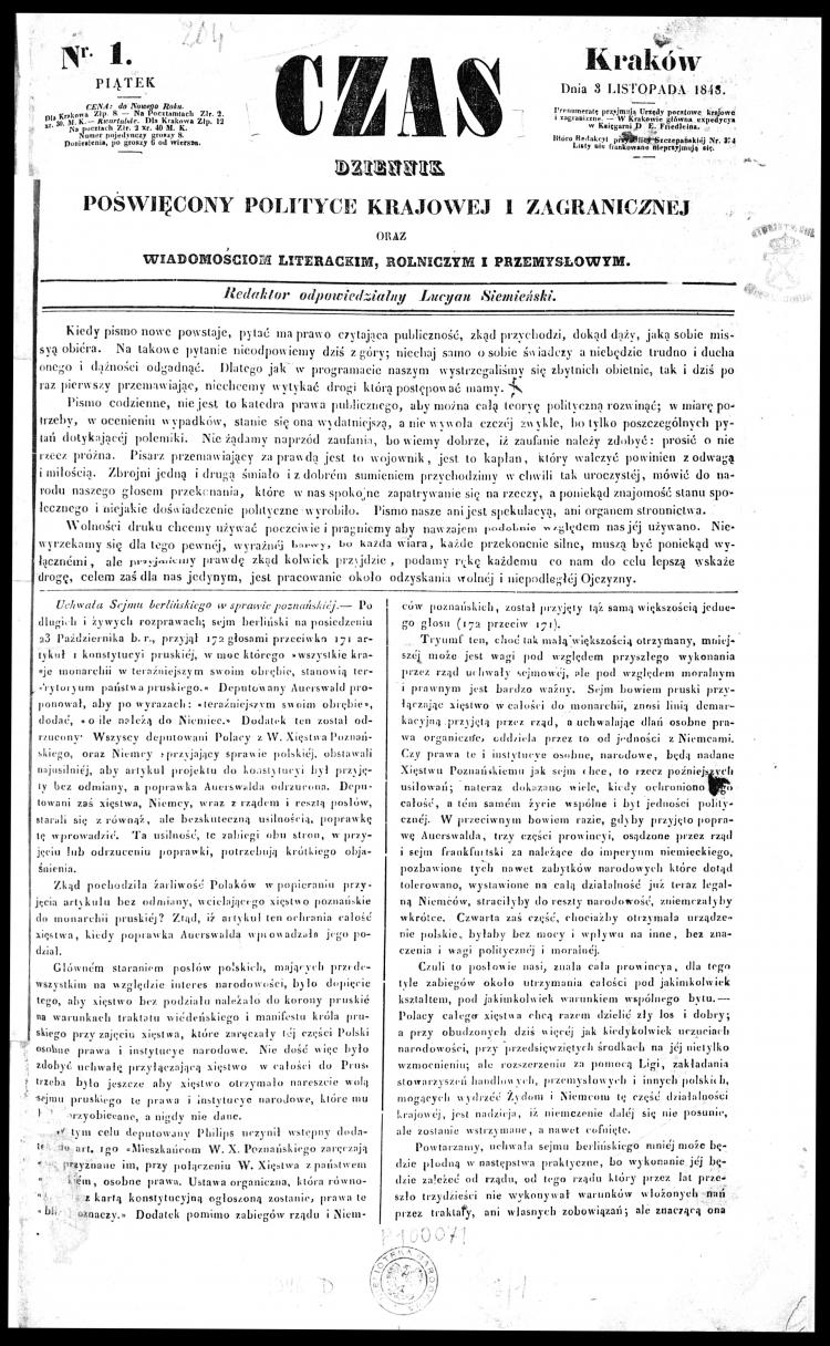 Strona tytułowa pierwszego numeru krakowskiego dziennika „Czas”, wydanego w piątek 3 listopada 1848 r. Źródło: Biblioteka Narodowa/Polona