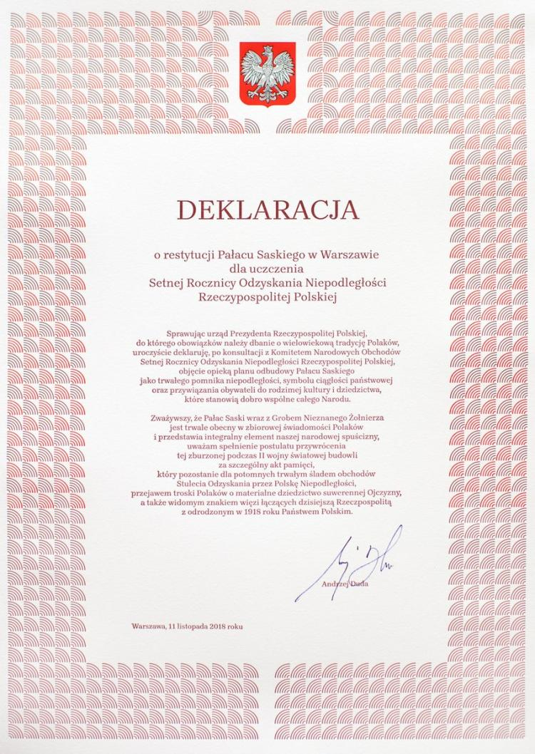 Deklaracja restytucji Pałacu Saskiego, podpisana przez prezydenta Andrzeja Dudę, 11.11.2018. Źródło: KPRP/Twitter