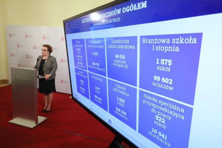 Minister edukacji narodowej Anna Zalewska podczas konferencji prasowej "Szkoła w drugim roku wdrażania reformy edukacji. Prezentacja danych z Systemu Informacji Oświatowej". PAP/P. Supernak