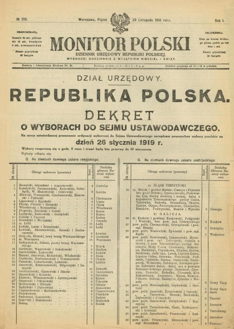 Dekret o wyborach do Sejmu Ustawodawczego. Źródło: Wikimedia Commons