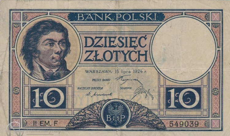 10 złotych z 1924 r. Źródło: Wikimedia Commons