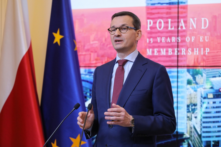 Bruksela, Belgia, 16.05.2019. Premier Mateusz Morawiecki przemawia podczas konferencji 'Poland: 15 Years of EU Membership. Political, economic and social dimensions' w Brukseli, 16 bm. Fot. PAP/P. Supernak