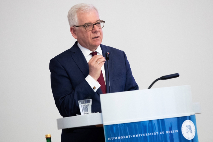 Berlin, 18 06 2019. Minister spraw zagranicznych prof. Jacek Czaputowicz podczas wykładu na Uniwersytecie Humboldta. Fot. PAP/EPA/J. Hayoung