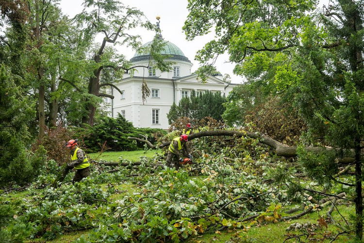 Żołnierze z 2. Inowrocławskiego Pułku Inżynieryjnego usuwają skutki nawałnicy w zespole pałacowo–parkowym w Lubostroniu. 22.08.2017. Fot. PAP/Tytus Żmijewski