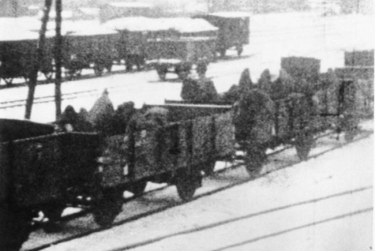Pociąg z ewakuowanymi więźniami KL Auschwitz. Styczeń 1945 r. Kolin, Czechy. Źródło: Państwowe Muzeum Auschwitz-Birkenau