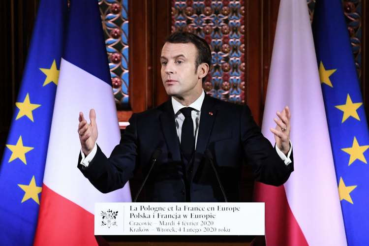 Kraków, 04.02.2020. Prezydent Francji Emmanuel Macron podczas wykładu "Polska i Francja w Europie" dla studentów UJ. Fot. PAP/J. Bednarczyk