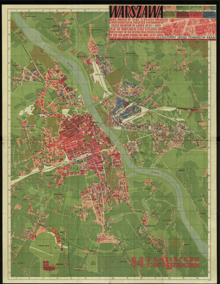 Mapa zniszczenia Warszawy. Źródło: Polona