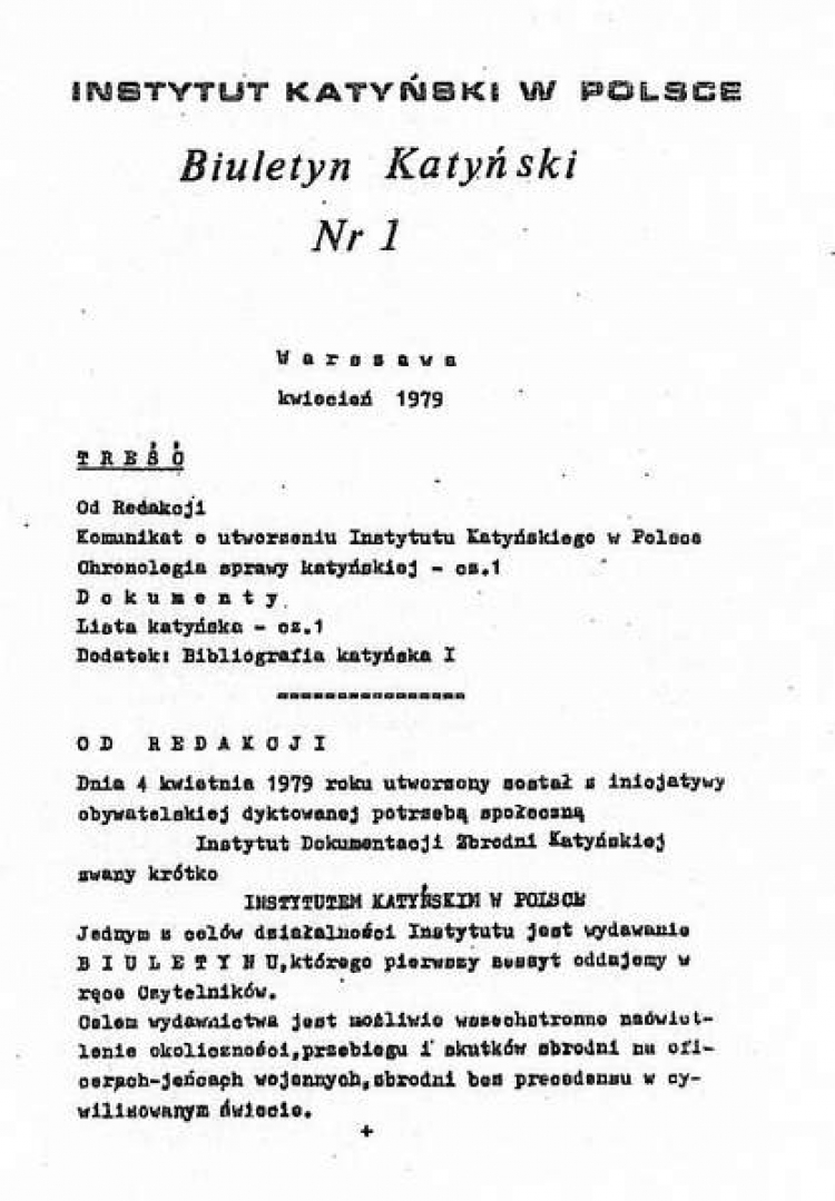 Pierwsza strona „Biuletynu Katyńskiego”, nr 1 (04/1979). Źródło: NCK