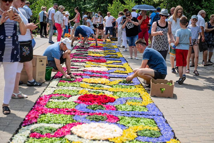 Mieszkańcy Spycimierza i okolicznych wsi układają kwietne dywany, po których przejdzie procesja Bożego Ciała. Fot. PAP/G. Michałowski