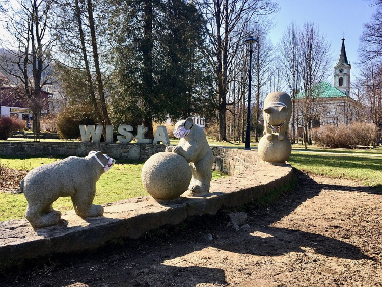 Cała niedźwiedzia rodzina w maseczkach. Fot. Urząd Miejski w Wiśle