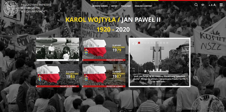 15 maja 2020 r. premiera nowego portalu IPN, zawierającego przykładowe dokumenty i zdjęcia z pierwszych trzech pielgrzymek Jana Pawła II do Ojczyzny – widok strony startowej serwisu