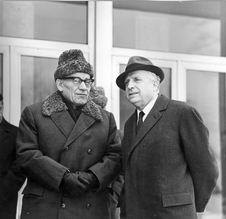 I sekretarz KC PZPR Władysław Gomułka (L) i marszałek Marian Spychalski (P) przed odlotem do Moskwy. Warszawa, 12.1965. Fot. PAP/CAF/S. Dąbrowiecki