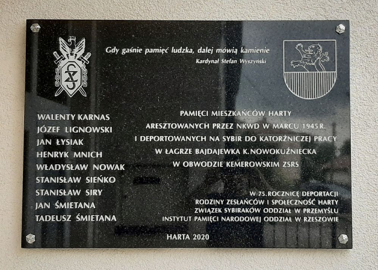 Tablica upamiętniająca mieszkańców Harty aresztowanych przez NKWD i deportowanych na Sybir. Źródło: oddział IPN w Rzeszowie