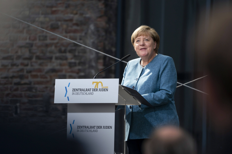 Berlin 5.09.2020. Kanclerz Angela Merkel na  obchodach 70-lecia Centralnej Rady Żydów w Niemczech. Fot. PAP/EPA