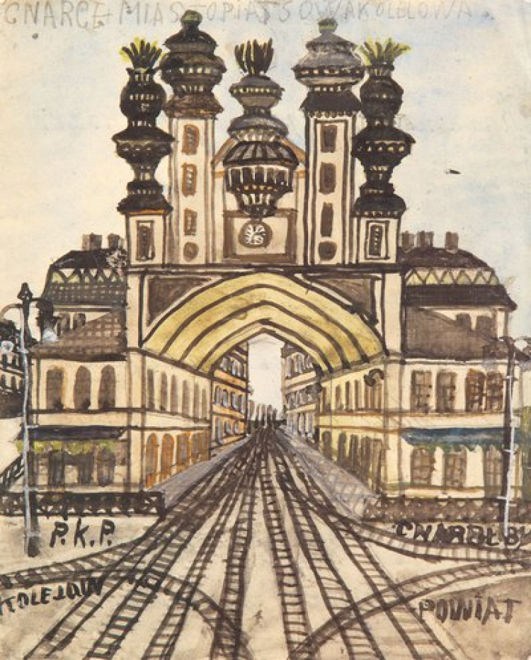 Nikifor Krynicki, Architektura fantastyczna z motywem dworca kolejowego. Źródło: DESA Unicum