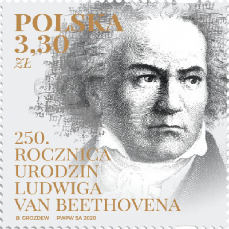 Znaczek pocztowy z okazji 250. rocznicy urodzin Ludwiga van Beethovena. Źródło: Poczta Polska