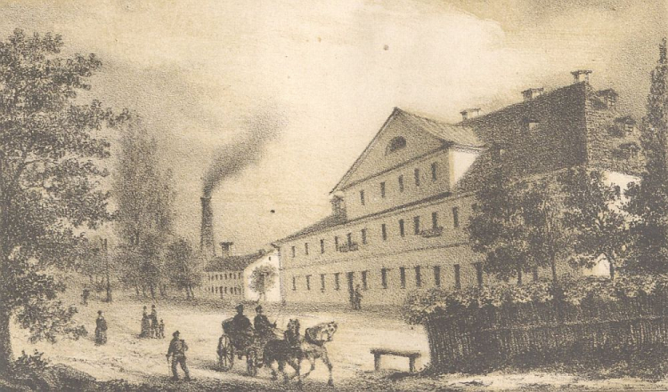 Zakład fabryczny Petersa w Łodzi. Grafika z poł. XIX w. Źródło: CBN Polona