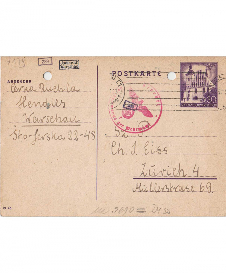 Pocztówka adresowana do Chaima Eissa, który współpracował z Konstantym Rokickim przy wytwarzaniu paszportów dla ratowania Żydów. Źródło: Instytut Pileckiego/Passportsforlife.pl