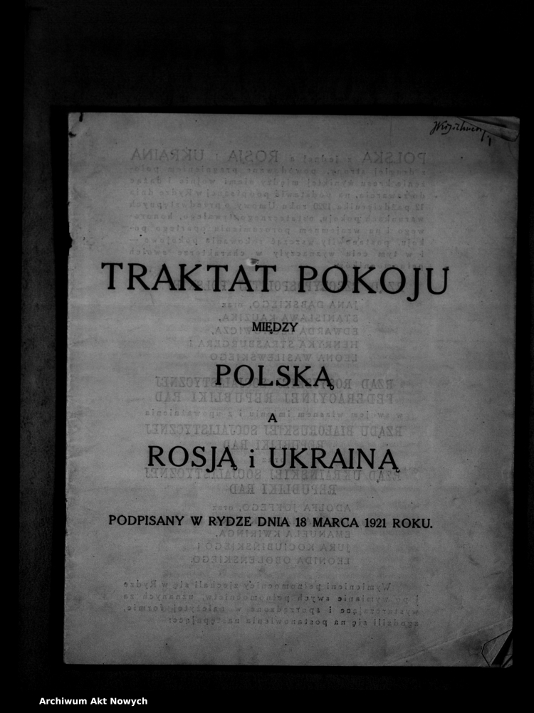 Traktat ryski, strona tytułowa dokumentu, 1921 r. Źródło: NAC