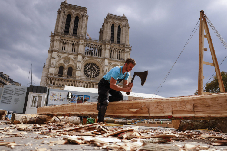 Paryż 2020-09-19. Obróbka pni na rusztowania Katedry Notre Dame. Fot. PAP/EPA