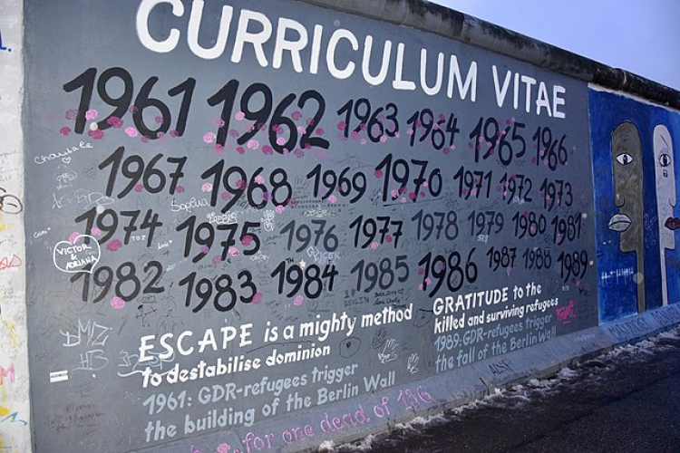 Wschodnia strona muru berlińskiego, mural upamiętaniający uciekinierów kierujących się na Zachód. Źródło: www.commons.wikimedia.org