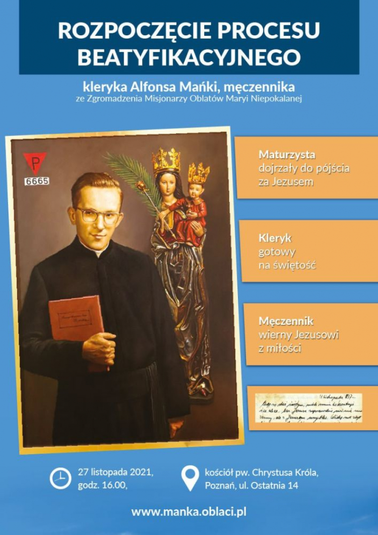 Rozpoczęcie procesu beatyfikacyjnego kleryka Alfonsa Mańki. Źródło: Archidiecezja Poznańska