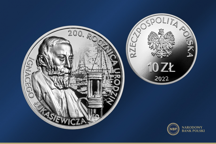 Srebrne monety z wizerunkiem Ignacego Łukasiewicza. Źródło: Narodowy Bank Polski