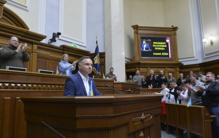 Ukraina, 22.05.2022 r. Prezydent Andrzej Duda podczas wystąpienia w Radzie Najwyższej Ukrainy. Fot. PAP/EPA/A. Nesterenko