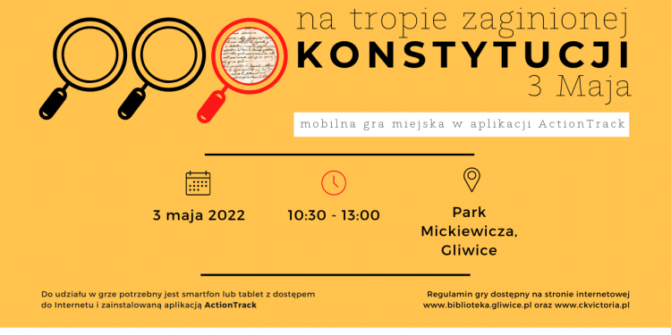 Mobilna gra miejska pod tytułem „Na tropie zaginionej Konstytucji 3 Maja” . Źródło: Miejska Biblioteka Publiczna w Gliwicach