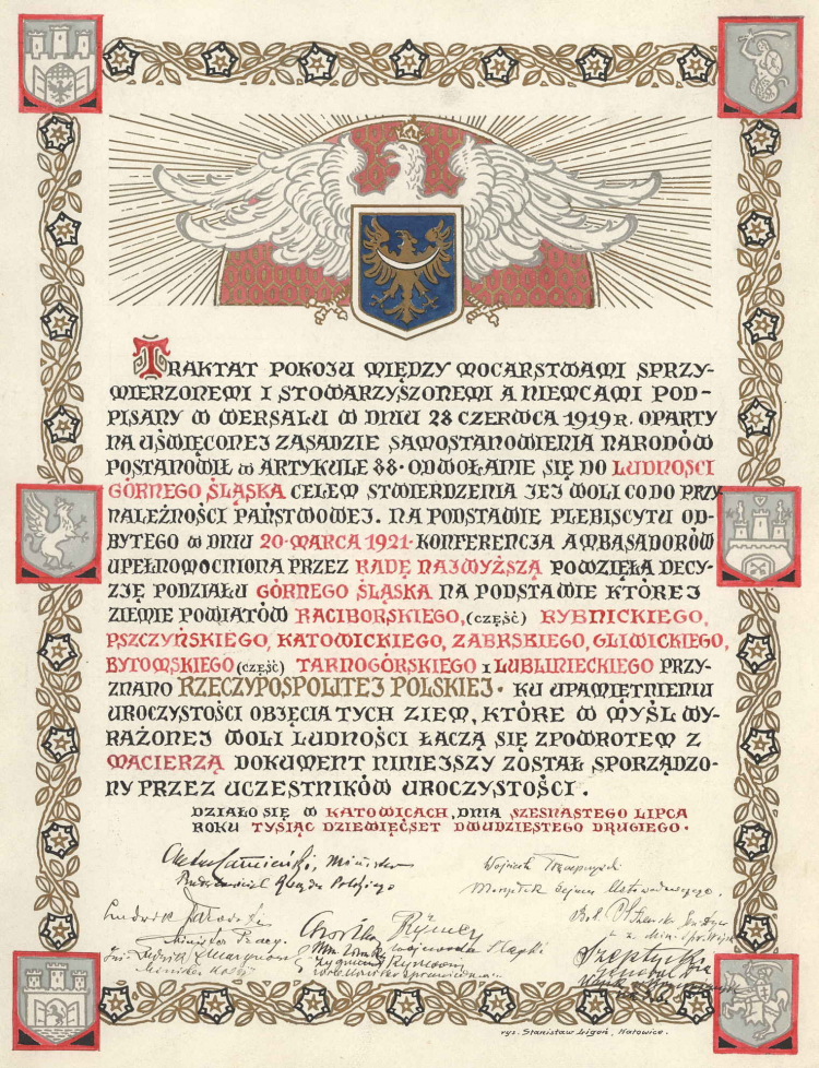 Akt pamiątkowy połączenia Górnego Śląska z Rzecząpospolitą z 16 lipca 1922 r. Źródło: Archiwum Państwowe w Katowicach