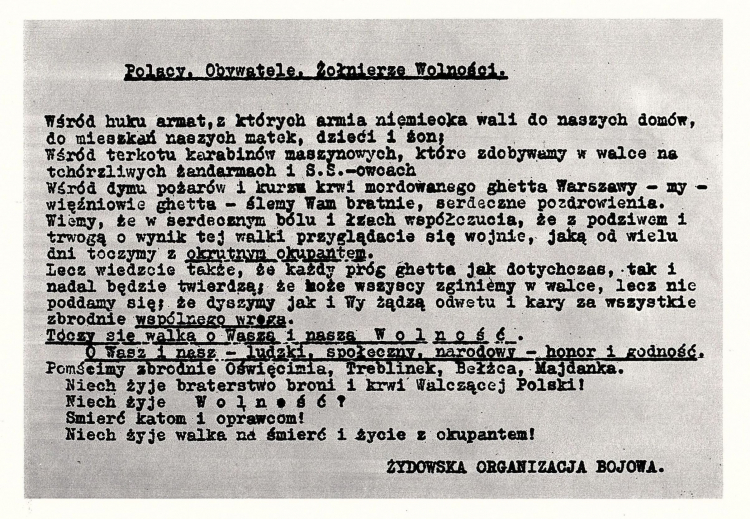 Odezwa Żydowskiej Organizacji Bojowej do ludności polskiej z 23 kwietnia 1943 r. Źródło: Wikipedia Commons
