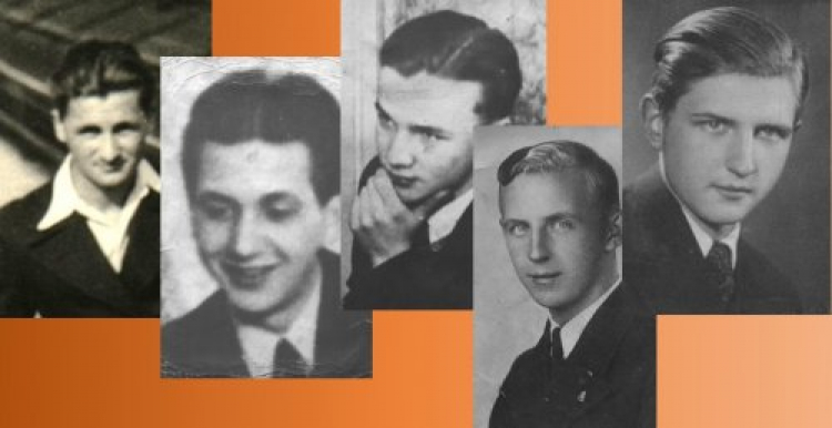 Poznańska Piątka - od lewej: Czesław Jóźwiak, Franciszek Kęsy, Edward Kaźmierski, Edward Klinik i Jarogniew Wojciechowski. Zdjęcia portretowe ze strony www parafii rzymskokatolickiej pw. Błogosławionej Poznańskiej Piątki w Poznaniu. Źródło: IPN