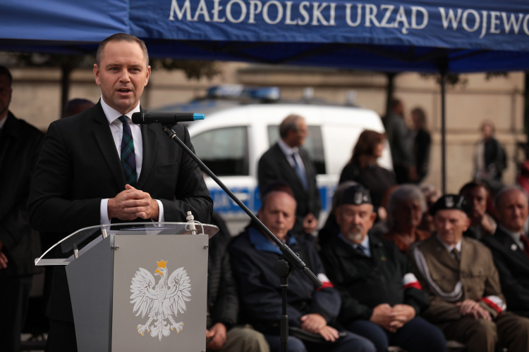 Kraków, 27.09.2022 r. Prezes IPN Karol Nawrocki. Uroczystość poświęcona pamięci żołnierzy i cywilów tworzących tajne struktury państwa polskiego podczas II wojny światowej.