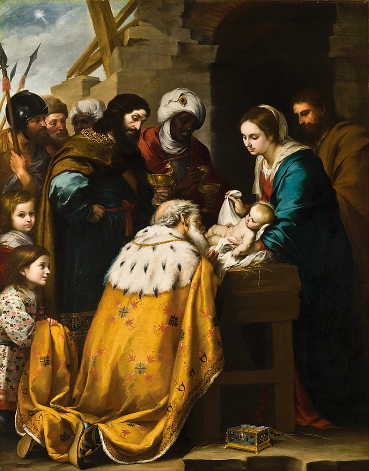 Obraz  Bartoloméa Murillo ukazujący pokłon Trzech Mędrców przed nowo narodzonym Jezusem. Źródło: Wikimedia Commons