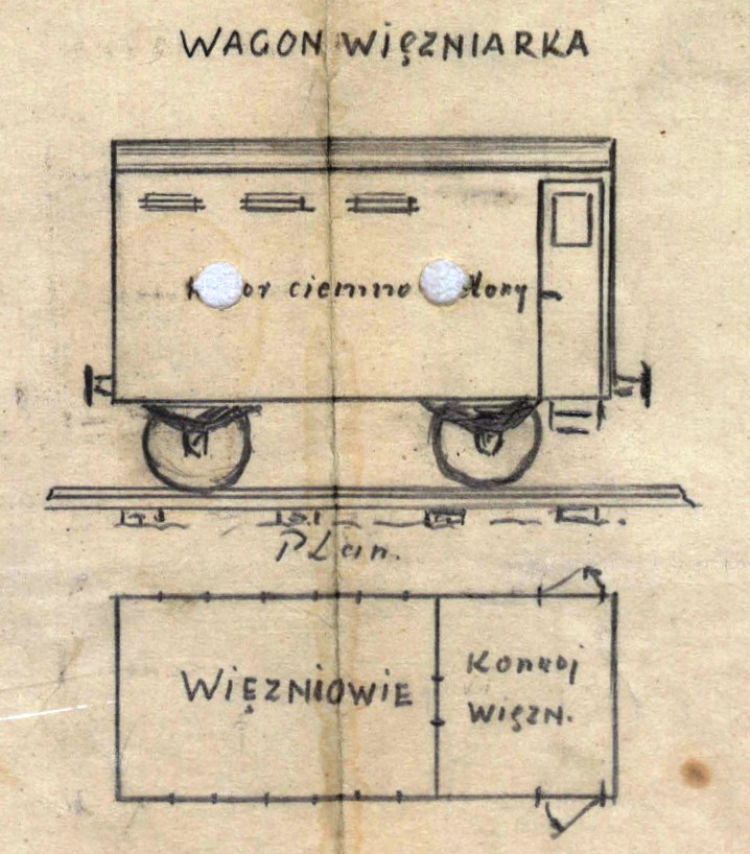 Konspiracyjny szkic niemieckiego wagonu więźniarki rozbitego w nocy z 19 na 20 maja 1943 r. podczas akcji  w Celestynowie. Źródło: AAN