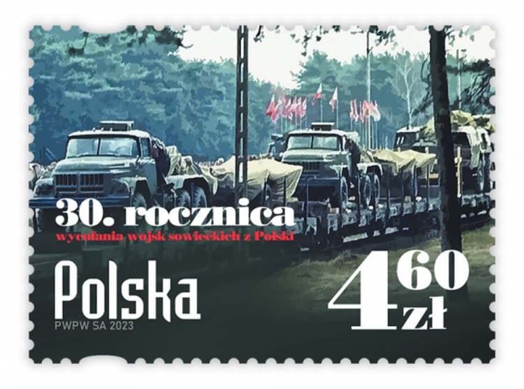 Znaczek Poczty Polskiej upamiętniający wycofanie ostatnich żołnierzy rosyjskich z Polski w 1993 r. 