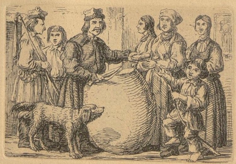 Chłopi podkrakowscy dzielący chleb. Grafika Kajetana Kielsińskiego z około 1840 r. Źródło: Polona.