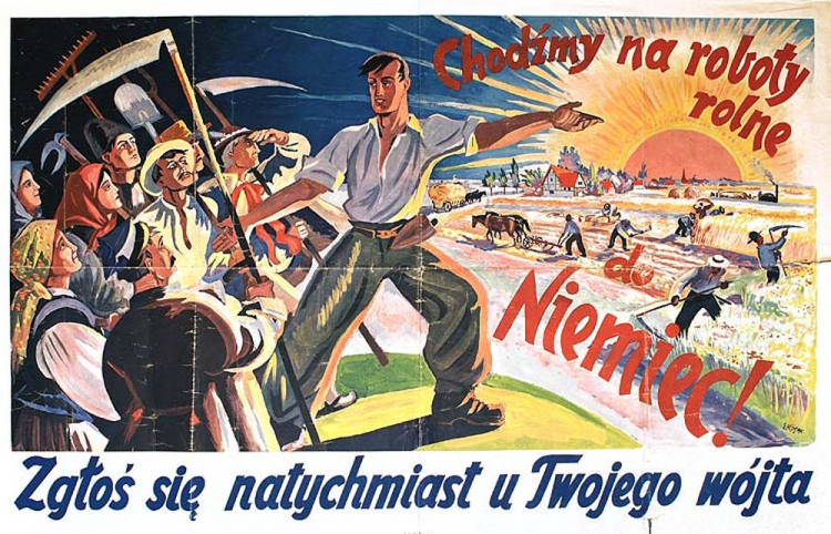 Niemiecki plakat propagandowy z punktu werbunkowego na roboty do Niemiec, ok. 1940. Źródło: Narodowe Archiwum Cyfrowe.