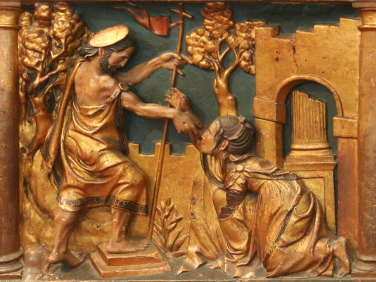 Spotkanie Jezusa zmartwychwstałego z Marią Magdaleną. Płaskorzeźba z bazyliki Sainte-Marie-Madeleine w Saint-Maximin-la-Sainte-Baume. Źródło: Wikipedia.