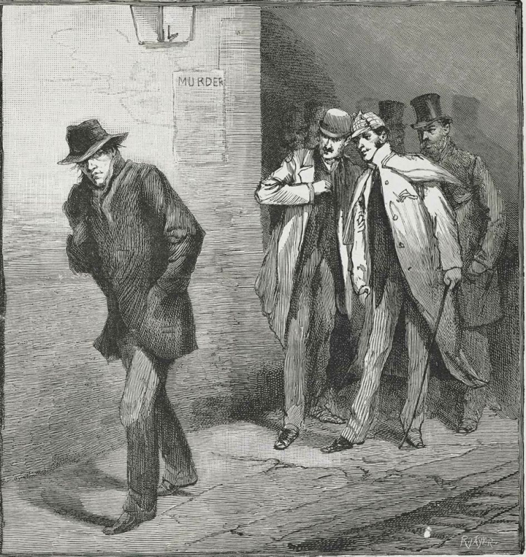 Ze strażą obywatelską w East Endzie. Podejrzany osobnik – ilustracja z gazety „Illustrated London News” (12 października 1888 r.). Źródło: Wikimedia Commons
