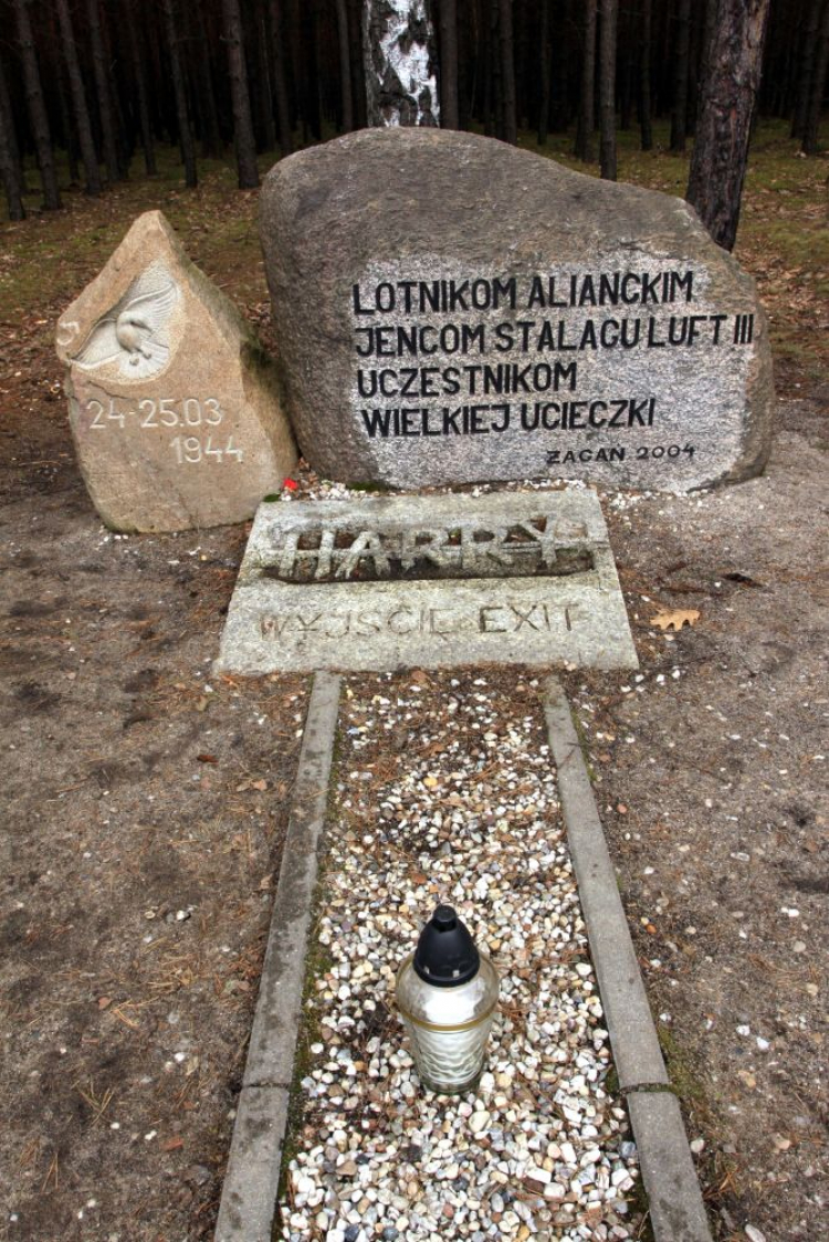 Płyty z nazwiskami uczestników wielkiej ucieczki (The Great Escape) umieszczonymi na trasie wykopanego 10 metrów niżej tunelu Harry. Żagań, 2009 r. Fot. PAP/L. Muszyński 