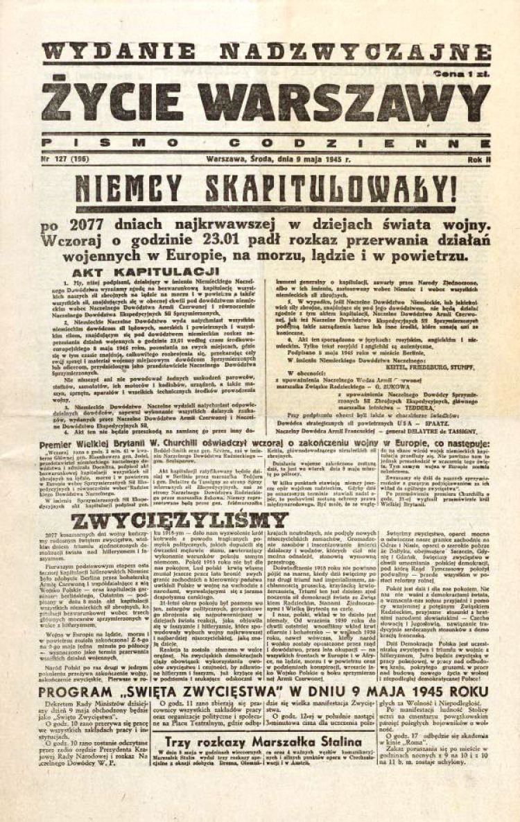 Pierwsza strona nadzwyczajnego wydania "Życia Warszawy" z 9 maja 1945 r. Źródło: Mazowiecka Biblioteka Cyfrowa