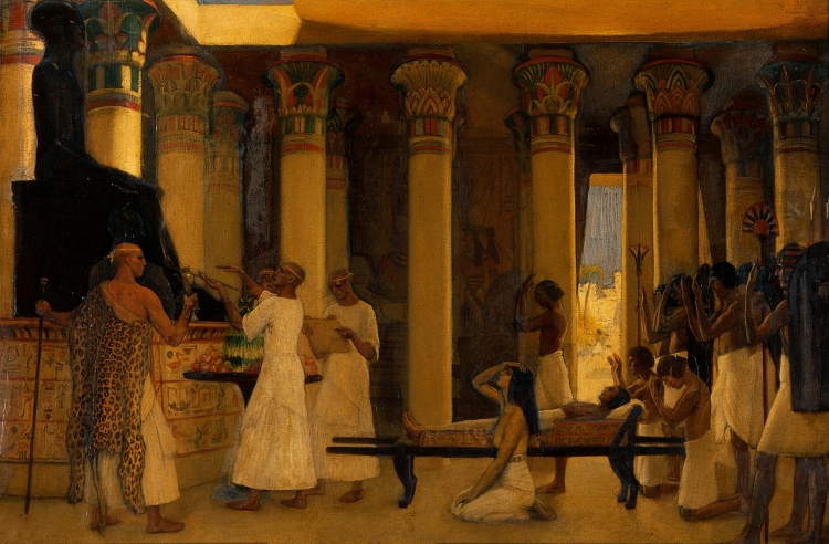Imhotep przyzywa bóstwa w „świątyni zdrowia”, a jego asystent czyta zwój papirusu na obrazie Ernesta Boarda. Źródło: Wikipedia.
